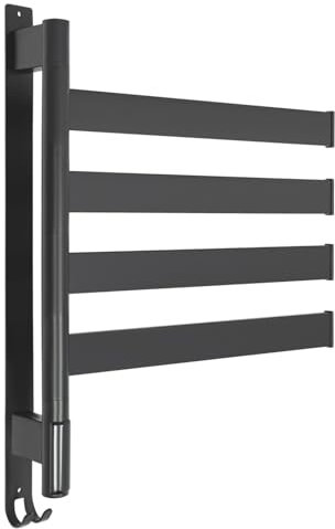 JUUTALK Scaldasalviette elettrico, con rotazione di 180°, elettrico, 45-65°C, in acciaio inox, con 4 aste, per bagni, cucina, balconi, hotel, 48 x 64 cm, 220 V, nero