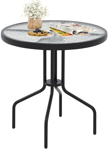 FANTASK Mesa de bistró con Tablero de Cristal Templado, 70 x 70 x 71 cm, Mesa Redonda para balcón, Mesa de Comedor al Aire Libre para terraza, Lacado Negro
