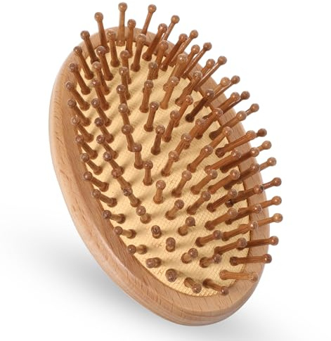 Bamboo Brush, 10.8 cm Wooden Scalp Massager with Anti-static & Air Cushion for Scalp Massager Hair Growth, Women, Men, Kids, Travel, Purse (Include 8-Claw Cleaning Hook)