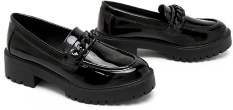 Gizelle Girls School Shoes - Comfortable Anti-Slip Back to School Uniform Black Patent Loafers Shoes with Chain Detailing, 6 UK