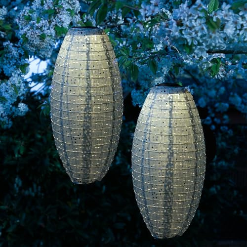 LED Solar Lampions oval mit Blumenmuster blau 25cm für Party Balkon Terrasse outdoor 2er Set Gartenlampions mit Sensor wetterfeste Solarlampe hängend Laterne (blau - 2 Stück (oval))