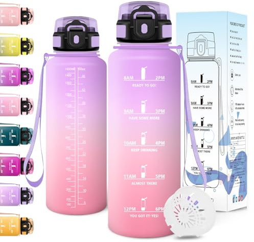 Trinkflasche, 1500ML BPA-Frei, Wasserflasche, Auslaufsicheres Schlossdesign, Flasche, Trinkflasche Sport Mit Zeitmarkierung, Trinkflaschen für Camping, Fitnessstudio Auslaufsichere - Iris&Pink