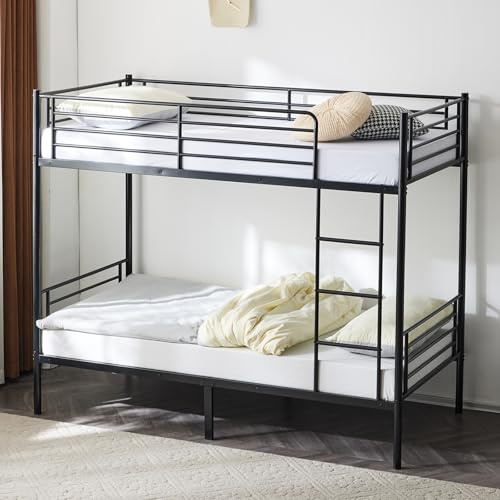 Karl home Heavy Duty Metal Bunk Bed Frame with Ladder, Space Saving Double Single High Loft Beds w/Guardrails for Small Rooms, Adults Teen Fit for 5-8 Mattress, Black