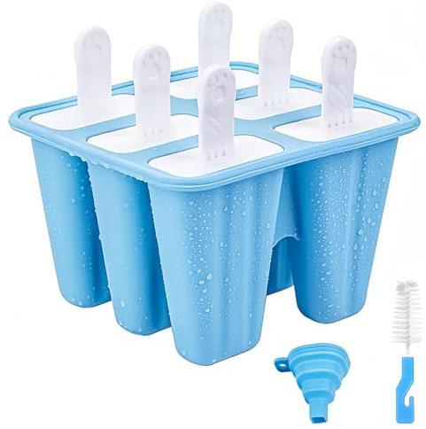 Ezranova Moules à sucettes glacées en silicone à 6 cellules, sans BPA, pour enfants, adultes et bébés, avec brosse de nettoyage et entonnoir pliable (bleu)