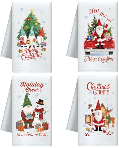 CUTHOLLOW Christmas and Gnome Decorative Kitchen Towels Set of 4, 60x40cm Soft & Absorbent Microfiber Dish Towel for Kitchen Tea Coffee Bar Home, Best Gift for Housewarming Christmas Winter