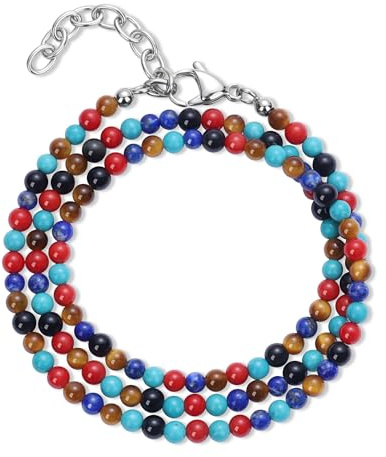 GAVU Edelstein Layering Armband mit 4 mm runden Naturstein-Perlen in Türkis Tigerauge Regenbogen-Obsidian für Herren