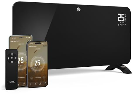 VonHaus Electric Heater 2000W – Glass Panel Radiator with WiFi, Smart Compatible with Alexa/Google Home – Wall Mounted or Free Standing – LCD Display, Remote Control, Timer, Energy Efficient