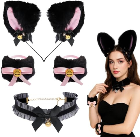 YUVKIN Katzenkostüm Damen Niedliches Katzenohren Haarband und Glöckchen Kette für Cosplay Kostümfest Katze Ohr Stirnband und Halskette Set (Schwarz)