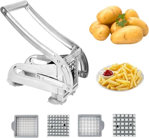 SUNNYNEST Potato Chipper Cutter & Slicer – Stainless Steel Fry Cutter with 2 Blade Sizes and Non-Slip Suction Base – Ideal for Air Fryers, Home Kitchen French Fries & Veggie Cutting