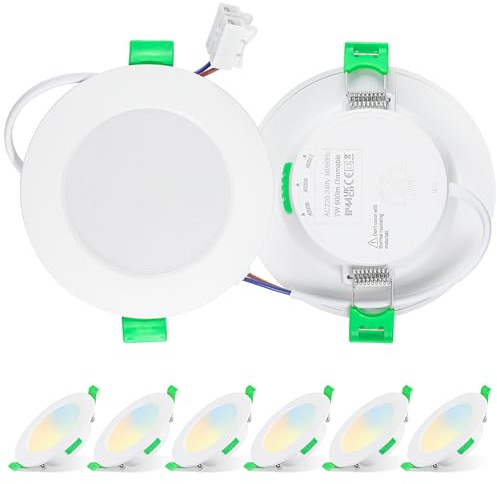 Aurevita LIGHTING LED Einbaustrahler 230V 7W Dimmbar, IP44 Einbauleuchten für Badezimmer Küche, 2700K/4000K/6000K, Rund Weiß, 6er Set, 68-80mm Einbaumaß