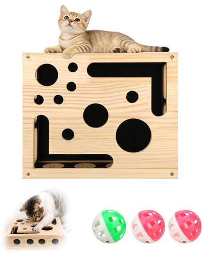 Sinbana Caja de Enriquecimiento con Rompecabezas Rascar para Gatos con 3 Bolas de Cascabel, Lima Uñas Interactiva Madera para Gatos y Rascador Papel Lija en el Interior Lima Uñas Antiestrés