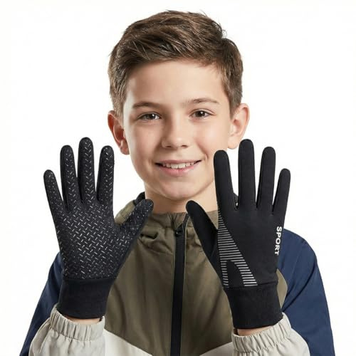AEKZOX 1 Paio Guanti Termici Invernali Touch Screen Antiscivolo Impermeabili Windproof Foderati in Pile, Sportivi per Bambini Ragazze, Allenamento Corsa Sciare, Bici Moto (per 5-13 anni) (Nero)