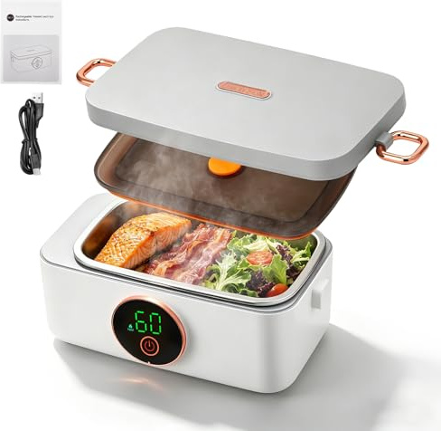 Contenitore per il pranzo elettrico con batteria, senza fili, portatile, riscaldato, 1 l, in acciaio inox, isolato e autoriscaldante, 6 temperature e 6 timer, per ufficio, picnic, auto, esterno