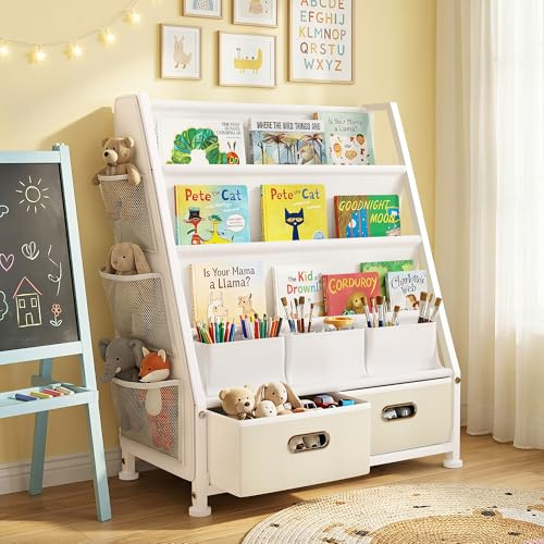 MemoCastle Kinderregal Kinderzimmer Weiß Offenen Aufbewahrungsregal: Kinder Bücherregal mit 3 Fächern für Bücher - Spielzeug Regal mit 2 Aufbewahrungsboxen für Spielzimmer