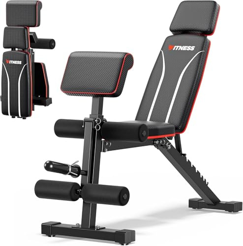 XDDIAS Klappbar Hantelbank, 10-fach Verstellbare Fitnessbank mit Beinstrecker & Curlpult, Multifunktion Trainingsbank für Schrägbank Flachbank für Home Gym Krafttraining, Platzsparende Hantelbank