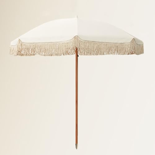 2.0m Grand Parasol De Terrasse À Pompons Vintage, Mât En Bois Massif Avec Bouton Anti-pincement, Parasol D'extérieur Protection UV Imperméable Pour Jardin, Plage Et Terrasse