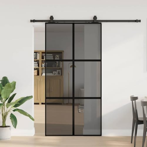 LoogCape Porte coulissante en verre trempé noir 102,5x205 cm avec kit de quincaillerie acier pour intérieur maison chambre salon cuisine sécurité isolation phonique