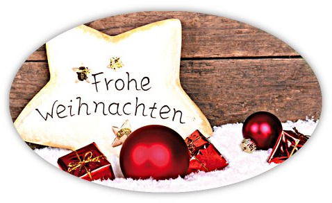 Weihnachtsaufkleber Weihnachtssticker Frohe Weihnachten auf Stern oval 60 x 35 mm, 100 Stück auf Rolle, Haftpapier glänzend