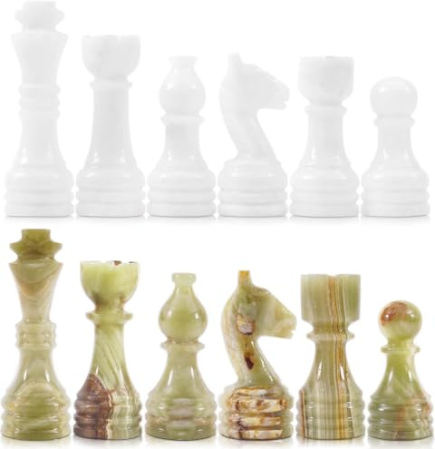Radicaln Marble Chess Figures 3.5 Inches, White and Green, Handmade Marble Chess Pieces for Board Game, 32 Chess Set Figures for Board Game for Adults