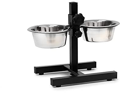 Relaxdays Futterstation Hund, 0,8l Edelstahlnäpfe, Napfständer höhenverstellbar HBT 27 x 36 x 21,5cm, rutschfest, silber