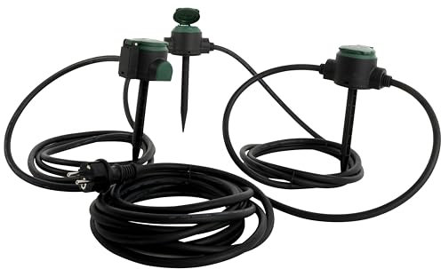 REV Verlängerungskabel Supraflex - 10m Gummi Verlängerung für außen, 3 Steckdosen inkl. Erdspieße, IP44