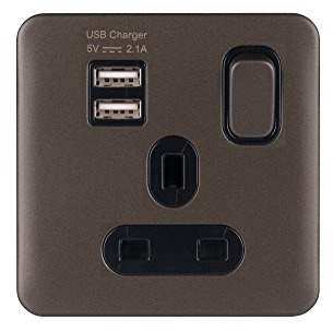 Schneider Electric Lisse Screwless Deco - Switched Single Power Socket, 13A, Single Pole, with 2 USB Charging Ports, 2.1A shared, GGBL30102USBABMBS, Mocha Bronze with Black Insert