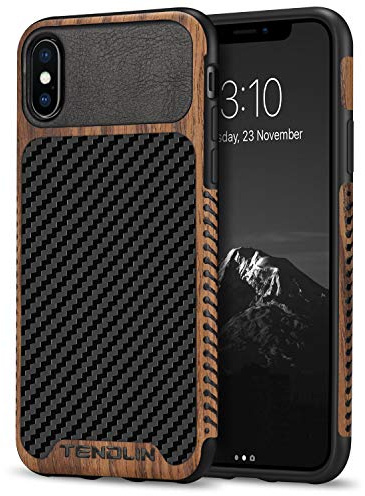 TENDLIN Coque compatible avec iPhone Xs/iPhone X, grain de bois avec texture en fibre de carbone, étui hybride fin en cuir compatible avec iPhone X et iPhone Xs noir