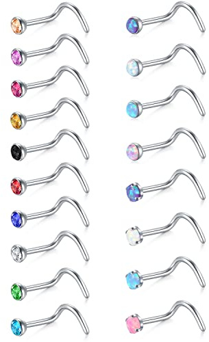 Mayhoop 18 Pcs 20G Nose Studs Screw Surgical Steel Nose Rings Nostril Piercing 2MM CZ Inlaid Piercing Jewelry for Women Men