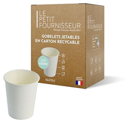 LPF LE PETIT FOURNISSEUR - Lot de 2000 Gobelets jetables en Carton Kraft 15-17cl - Recyclable & Biodégradable - Gobelets café, thé, boissons chaudes et froides - Résistant à la chaleur - Couleur Blanc