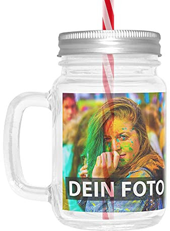 Tassendruck Trinkglas mit Foto personalisiert - Cocktailglas mit Deckel und Mehrweg-Strohhalm, wiederverwendbar - Henkel-Glas klar, 400 ml