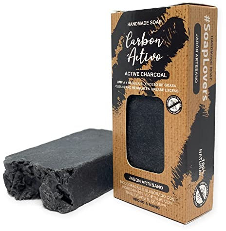 Jabón Natural de Carbón Activo - Jabon de Manos, Cuerpo, y Cara Limpiador Piel Grasa, Pastilla Sólida Ecológica y Artesanal, Fabricado en España, Vegano y Sin Aceite de Palma (100 g)