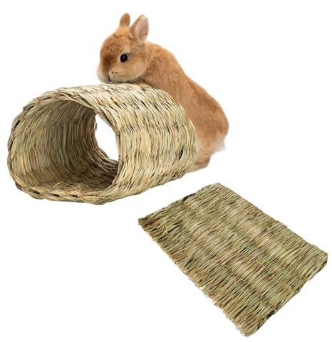 Hamiledyi Rabbit Grass Tunnel,Rabbit Grass Bed Natural Straw Woven Mat Winter Warm Hideaway Hut for Bunny Gerbil Ferrets Chinchilla Guinea Pig