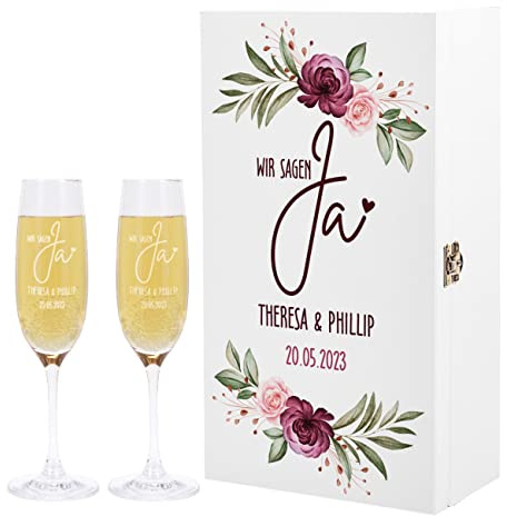 Herz & Heim® Hochzeitsgeschenk Set -Wir sagen Ja!- mit Sektgläsern und Geschenkbox, personalisiert