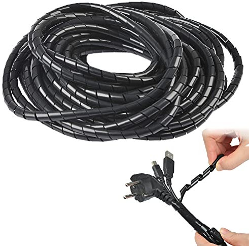 12m Spirale Avvolgicavo, PE Tubo per Cavi Estensibile Raccoglicavi Spiralato universale Diametro 8mm per organizzazione cavi per TV/Computer/Audio Cavi Protezione, （Nero）