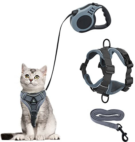 Katzengeschirr mit Leine Ausbruchsicher, Automatisch Einziehbare Katzenleine und Geschirr Katze Set, Verstellbares Katzen Geschirr Set mit Katzen Leine, Cat Harness für Kitten Hunde (Grau, S)