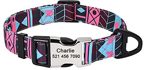 Personalisiertes Hundehalsband Aus Nylon,Modisch Bedruckt,Hundeleine,Personalisiertes Haustier-ID-Tag-Halsband Mit Gravur Für Kleine Und Mittelgroße Hunde,Rosenkragen,M