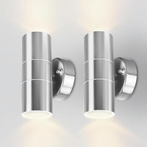 Kerry Outdoor Wall Lights, Mains Powered, Up and Down, Silver, 2 Pack | Modern Cylindrical Design, Stainless Steel, IP44 and GU10 Bulbs up to 35W, Not Included, for Patios, Garages, Gardens