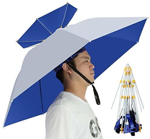 NEW-Vi Fishing Umbrella Hat Folding Adjustable Sun Rain Cap, 37.4”Oversize Hands Free Umbrellas, 7-Ribs Anti-UV Waterproof Headwear for Fishing Gardening Golf Sunshade Outdoor (Silver)
