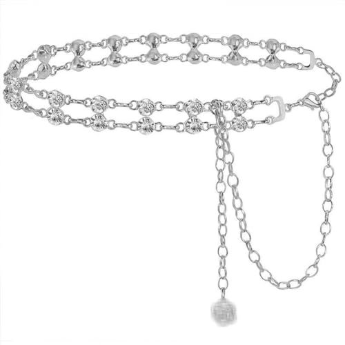 CCAIPU Cinturones Cadena para las mujeres, Aleación de Oro Ajustable Cinturón de Eslabones de Metal Retro Rhinestone Cintura Cinturón de Cadena para Boda Fiesta Jeans Vestido (A-Plata)