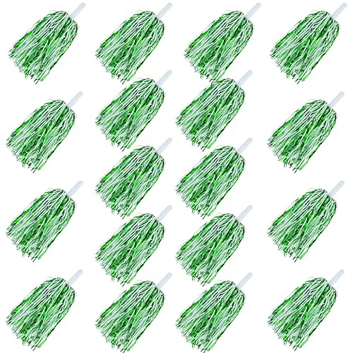 18PCS Green White Metallic Foil Plastic Pom Poms with Baton Handle for Game Sports Squads Dancing Party Football Basketball Club Spirit Sports Stage Performance