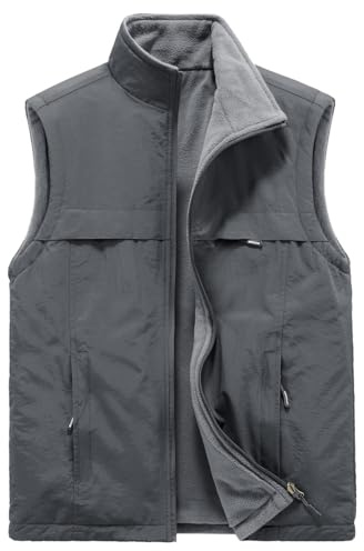 Oralidera Herren Fleece Gefüttert Wendeweste Leichtes Winddichtes Gilet mit Reißverschluss Ärmellose Atmungsaktive Herrenweste für Outdoor-Aktivitäten mit mehreren Taschen, Grau, XL
