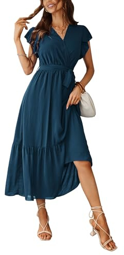 Awemeal - Vestido de verano para mujer, elegante, con escote en V, manga corta, largo, estilo boho, con flores, con cinturón, volantes en el dobladillo, vestido envolvente, para la playa, en línea A