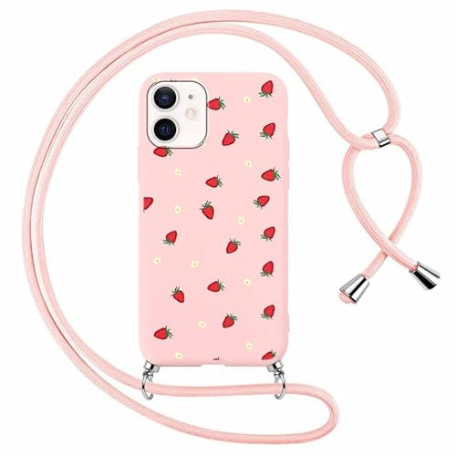 Foonary Nyckelbandsfodral för Apple iPhone 12 Mini 5.4, Snören Fodral Halskedja Axelrem Aesthetisk Blommor Mönster Stöttålig Halsrem Justerbart Skyddsrep Fodral för iPhone 12 Mini, Jordgubbe