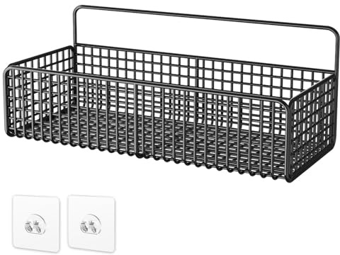 KOLAKO Wire Storage Basket, Self Adhesive Shower Storage Caddy Black, No Drilling Metal Shower Organiser, Wall Mounted Shampoo Holder, Basket Shelf for Bathroom, Kitchen, Bedroom