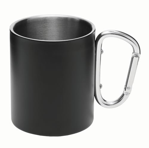 Preiswert&Gut Edelstahl-Thermobecher für Kaffee to go – Doppelwandiger Trinkbecher in Schwarz/Silber für Camping, Büro und unterwegs – 300 ml Füllmenge mit Karabinerhaken ausgestattet (Schwarz)