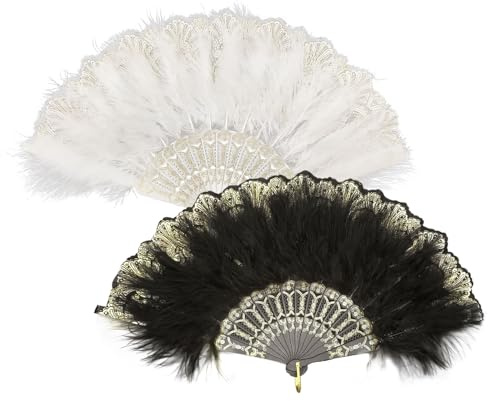 TUONYIS Ventaglio di Piume Anni '20 in Bianco e Nero - 2 Pezzi a Mano Pieghevole Donna, Stile Vintage 1920 Handheld Feather Fan per Nozze