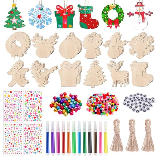Patinadrift 226 Stück Holzanhänger Weihnachten zum Bemalen, 12 Verschiedene Formen Weihnachtsbaum Deko DIY Holzdeko Christbaumschmuck Basteln für Geschenke Verzieren
