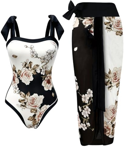 Xumplo Women's Swimming Costume 2 Piece Swimwear Floral Adjustable Bow-Tie Shoulders Matching Cover Up Skirt Swimsuits Bathing Suit-XXL Black