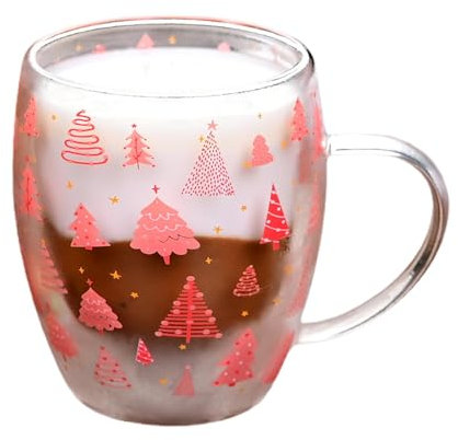 Tasses à café de Noël,Tasses à café en verre à double paroi - Tasse à thé en verre isolée à double paroi avec poignée | Décoration de cuisine à domicile, tasse en verre décorative rouge avec motif d'a