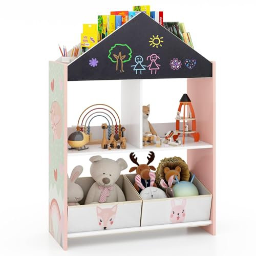 GYMAX Libreria per Bambini, Organizzatore di Giocattoli con Lavagna Nero e Bianco, Kit Antiribaltamento, Scaffale per Bambini in Legno per Sala Giochi, Cameratta e Asilo Nido (Rosa)